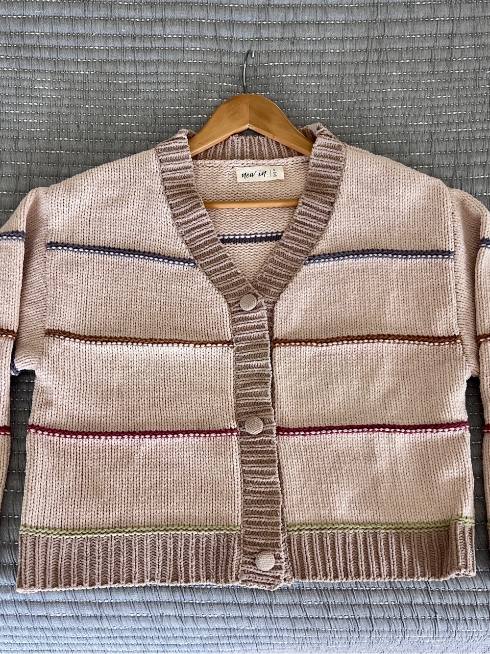 New In Oversized Beige Striped Open-Front Women's Cardigan Sweater - Picture 8 of 11